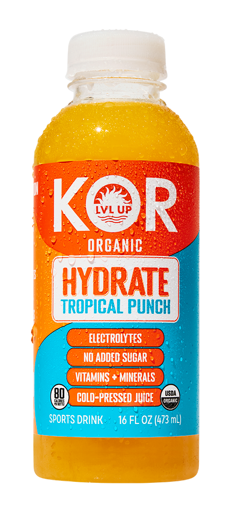 A bottle of KOR Organic Hydrate Tropical Punch, a sports drink designed to support immune health and provide a vitamin C boost.