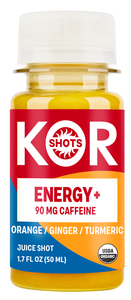 KOR Shots Energy+ bottle with 90mg caffeine and orange / ginger / turmeric on the label. 1.7 fl oz.