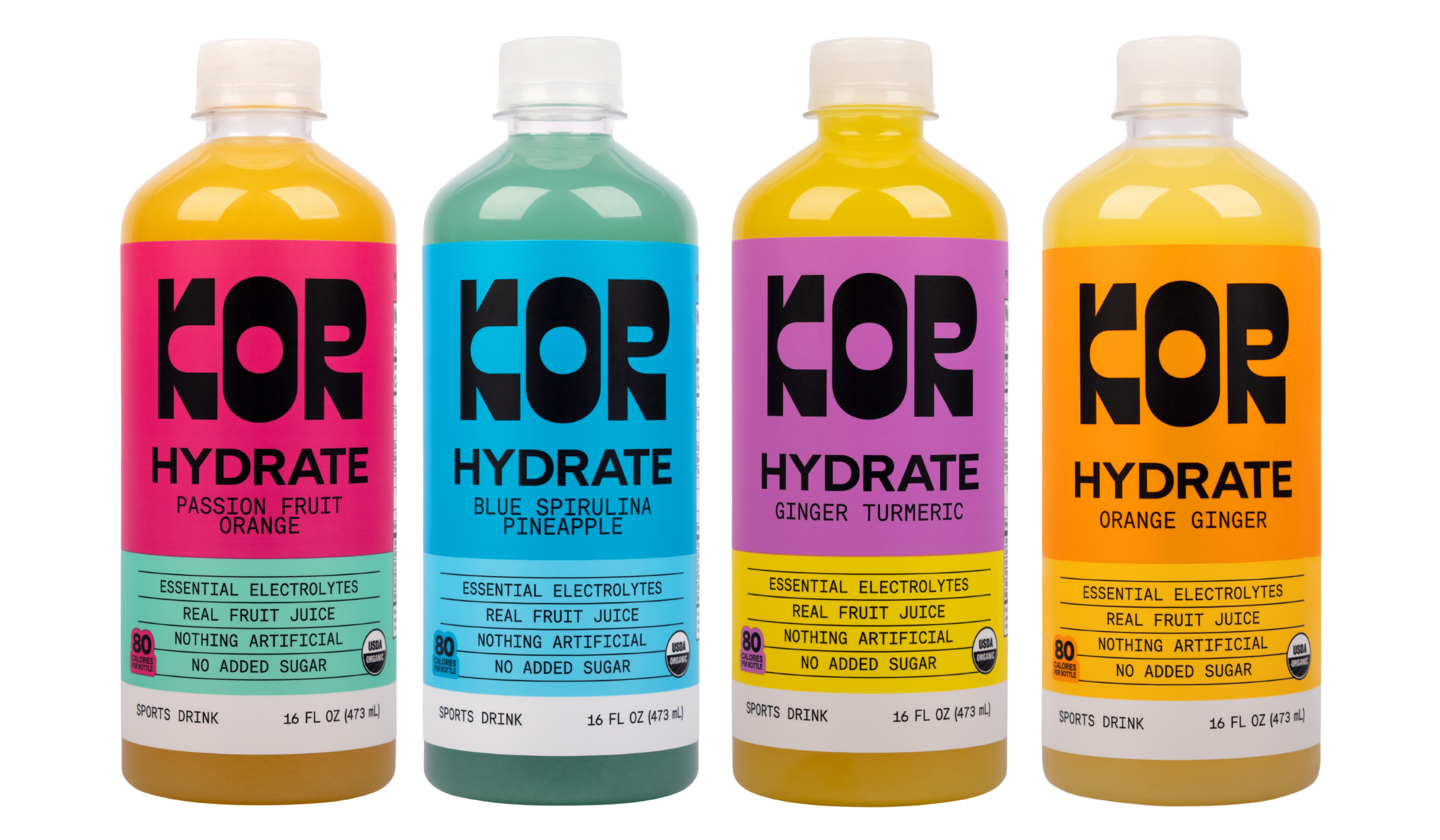 Four bottles of KOR Hydrate electrolyte drink arranged side by side on a white background, each with a different colored label and liquid inside: orange, blue, yellow, and orange.