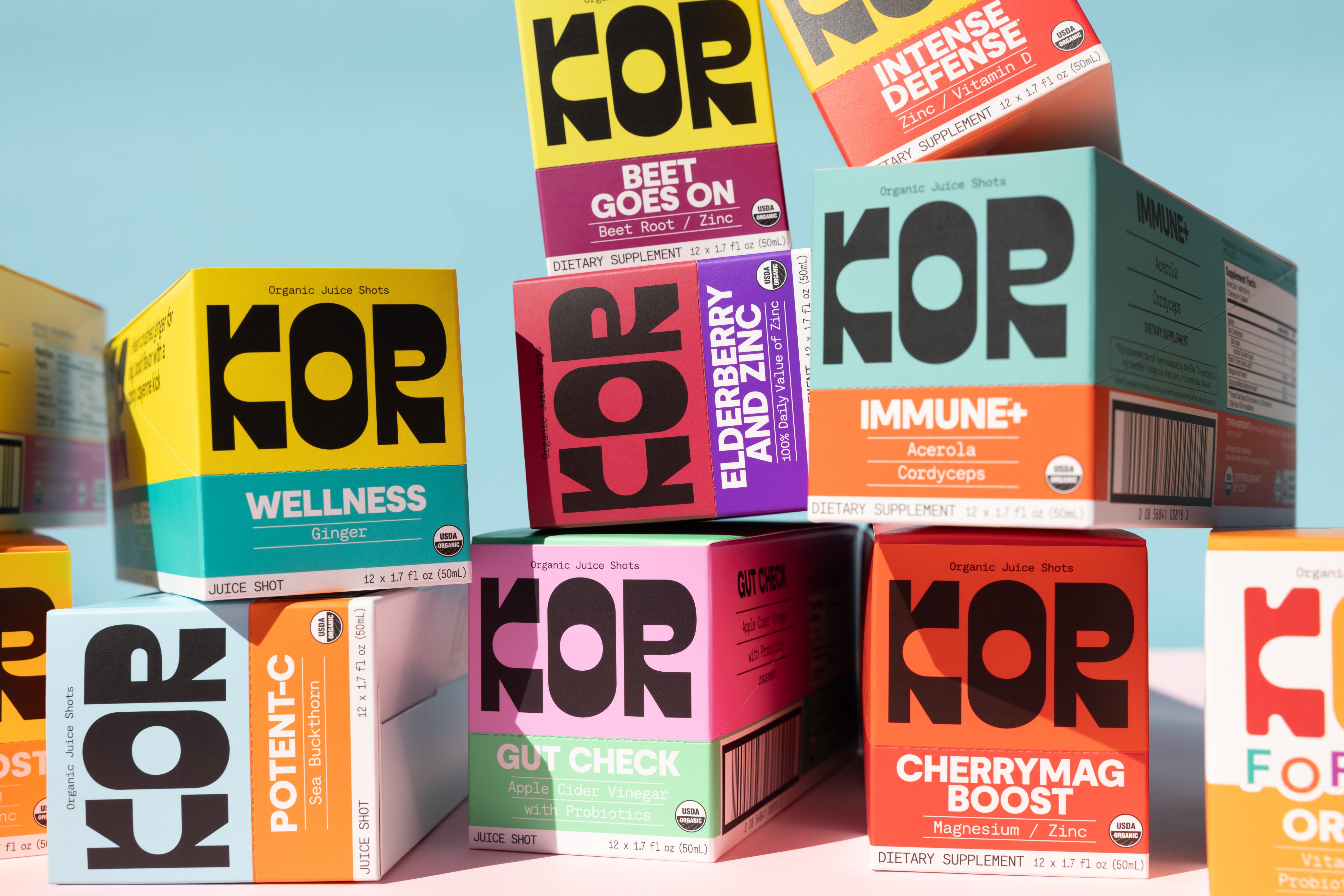 Stack of KOR supplement boxes on a blue background